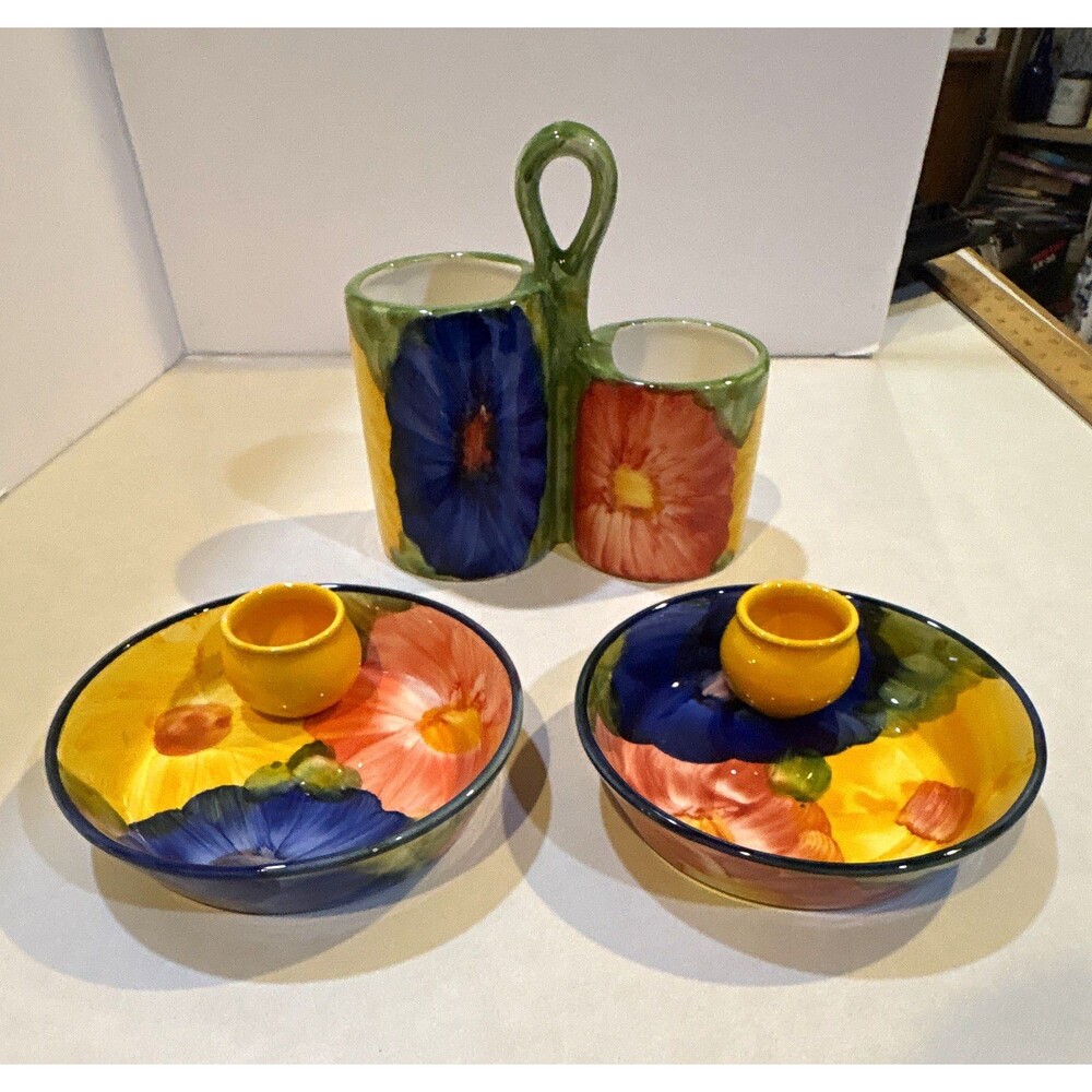 Hand Painted Ceramic Chip Dip Bowls Caddy Set 3 Floral Serving Ware Colorful